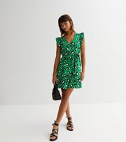 New Look Green Leopard Print Frill Tiered Belted Mini Dress